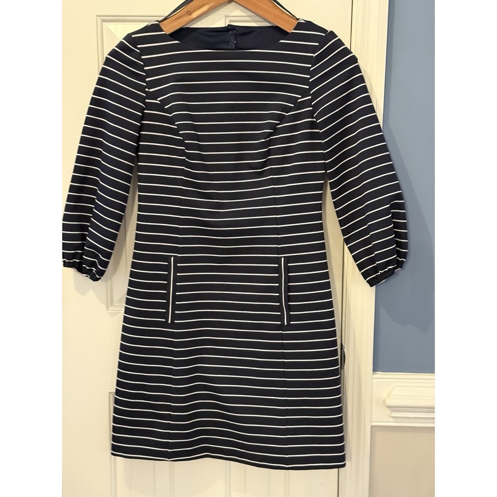 Eliza J Navy White Striped Knit A-Line Dress Square Neck Puff 4 Nautical